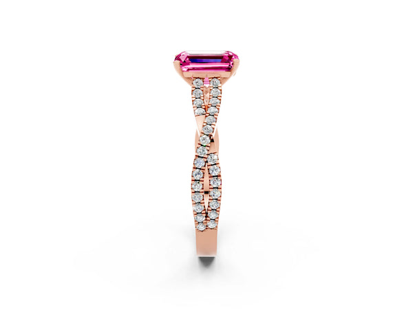 Rose gold Emerald Cut Pink Sapphire Solitaire Engagement Ring with Twisted Pavé Band and Four-Prong Setting
