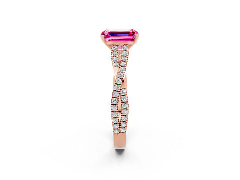 Rose gold Emerald Cut Pink Sapphire Solitaire Engagement Ring with Twisted Pavé Band and Four-Prong Setting_14