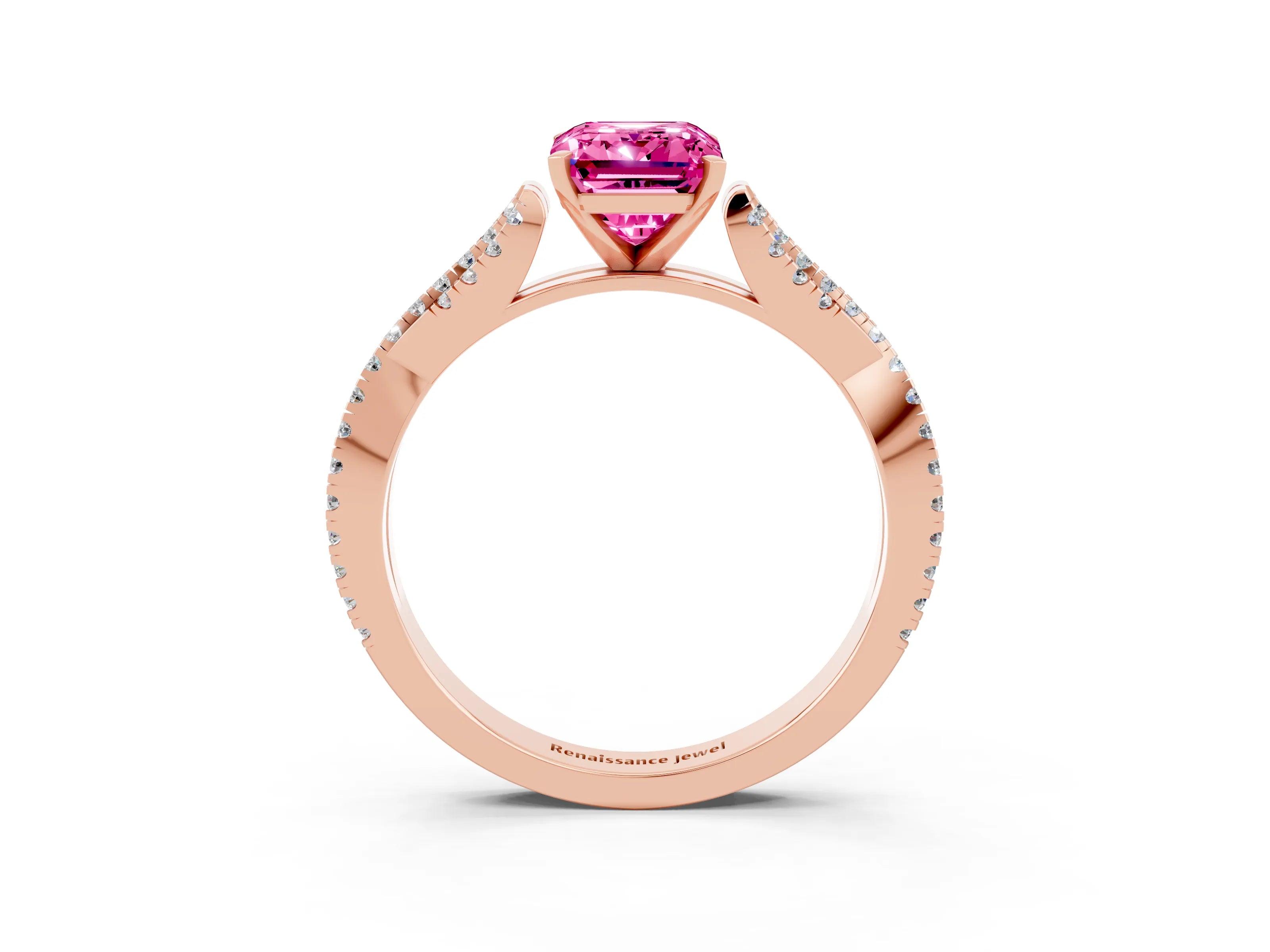 Rose gold Emerald Cut Pink Sapphire Solitaire Engagement Ring with Twisted Pavé Band and Four-Prong Setting_15