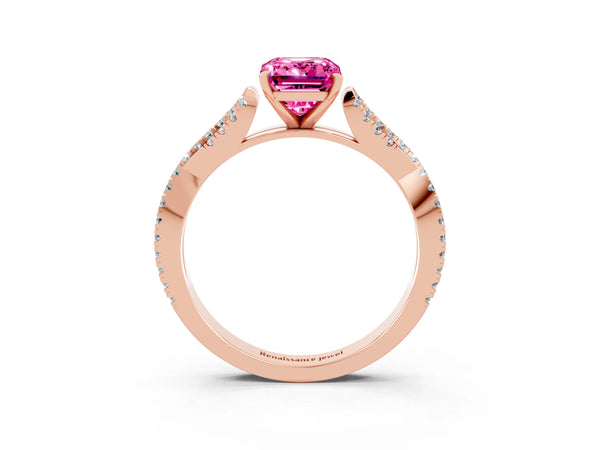 Rose gold Emerald Cut Pink Sapphire Solitaire Engagement Ring with Twisted Pavé Band and Four-Prong Setting