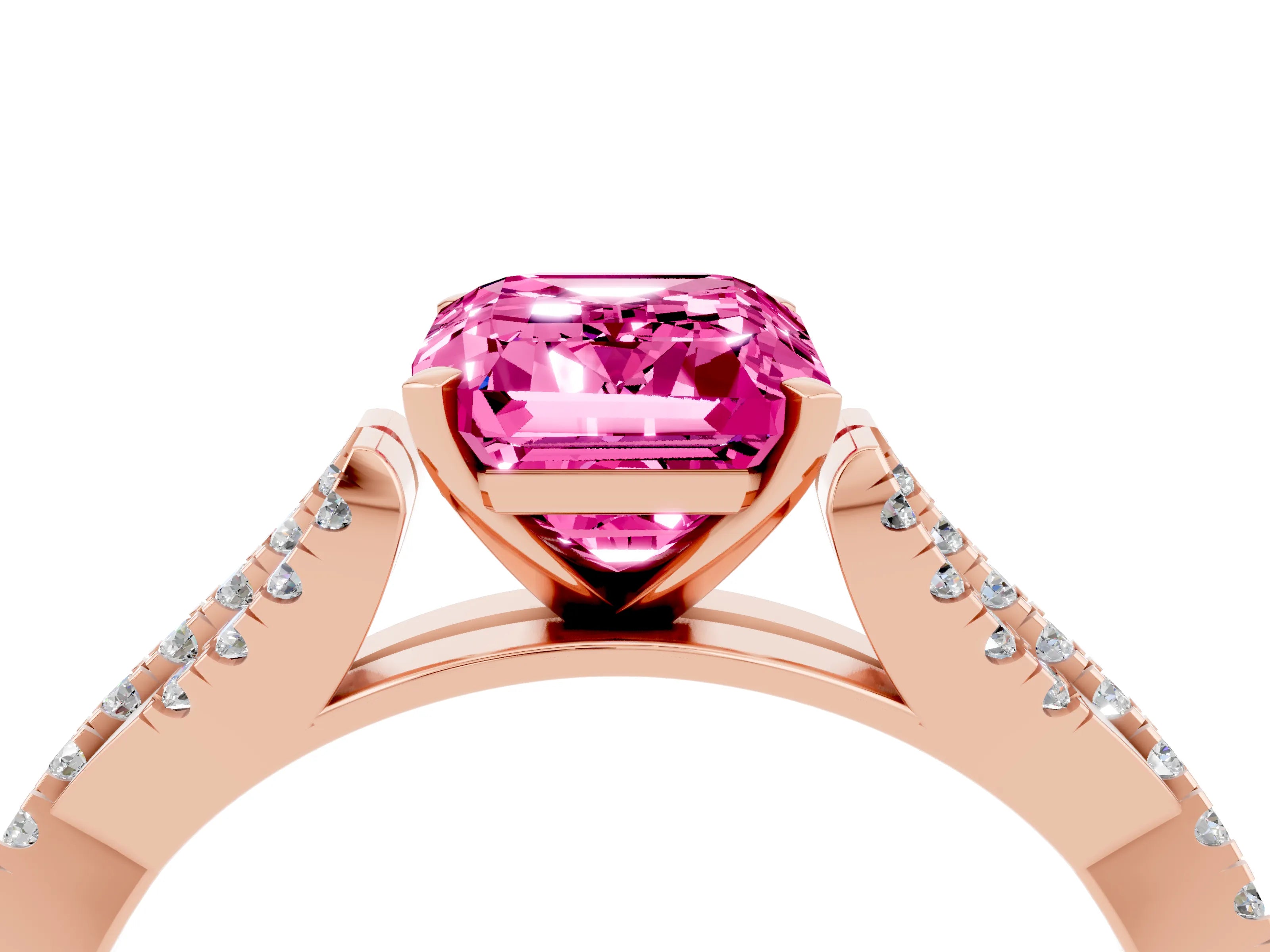 Rose gold Emerald Cut Pink Sapphire Solitaire Engagement Ring with Twisted Pavé Band and Four-Prong Setting_16