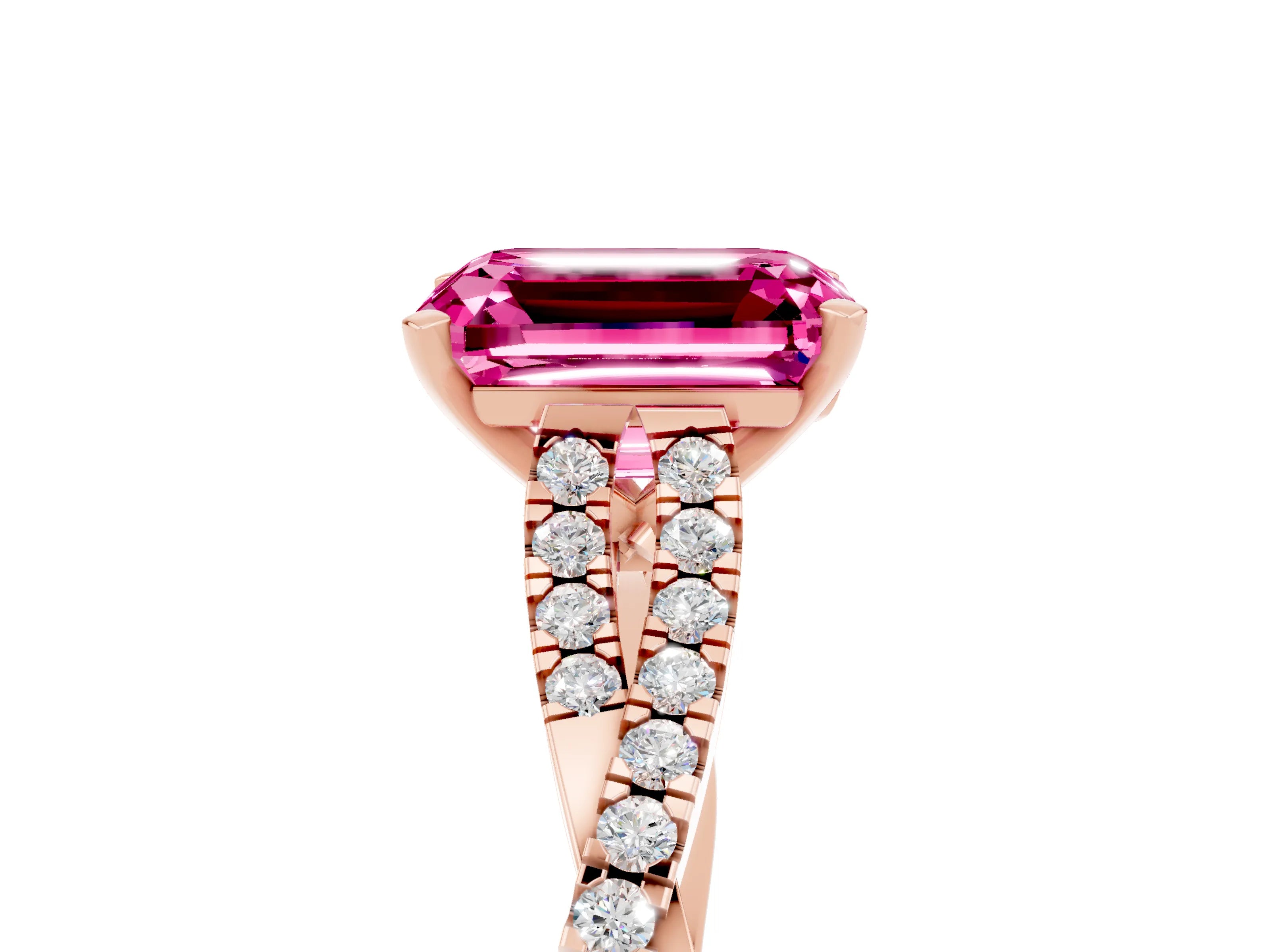 Rose gold Emerald Cut Pink Sapphire Solitaire Engagement Ring with Twisted Pavé Band and Four-Prong Setting_17