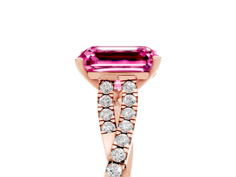 Rose gold Emerald Cut Pink Sapphire Solitaire Engagement Ring with Twisted Pavé Band and Four-Prong Setting_17