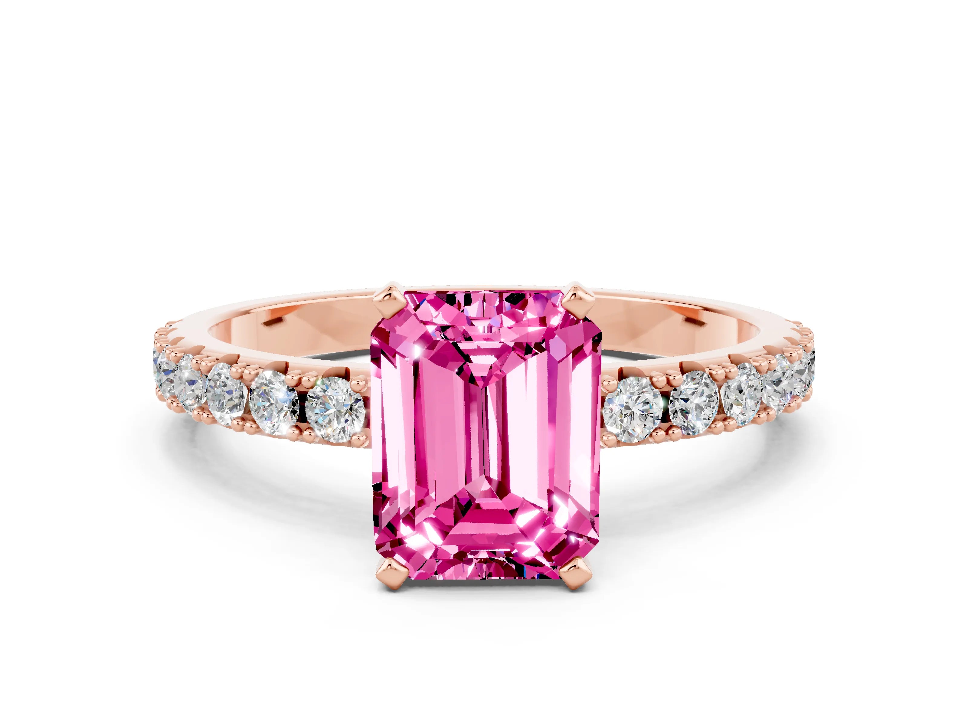 Rose gold Emerald Cut Pink Sapphire Solitaire Pavé Band with Four-Prong Setting_24
