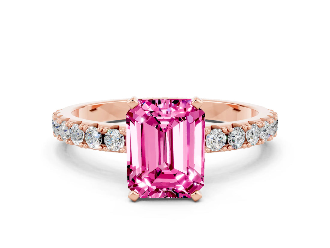 Rose gold Emerald Cut Pink Sapphire Solitaire Pavé Band with Four-Prong Setting_24