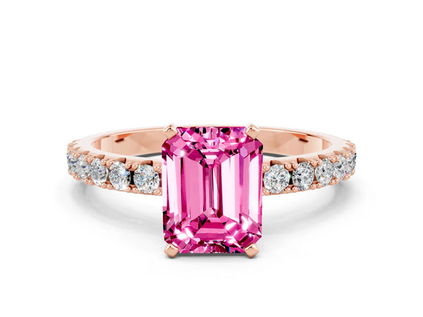 Rose gold Emerald Cut Pink Sapphire Solitaire Pavé Band with Four-Prong Setting