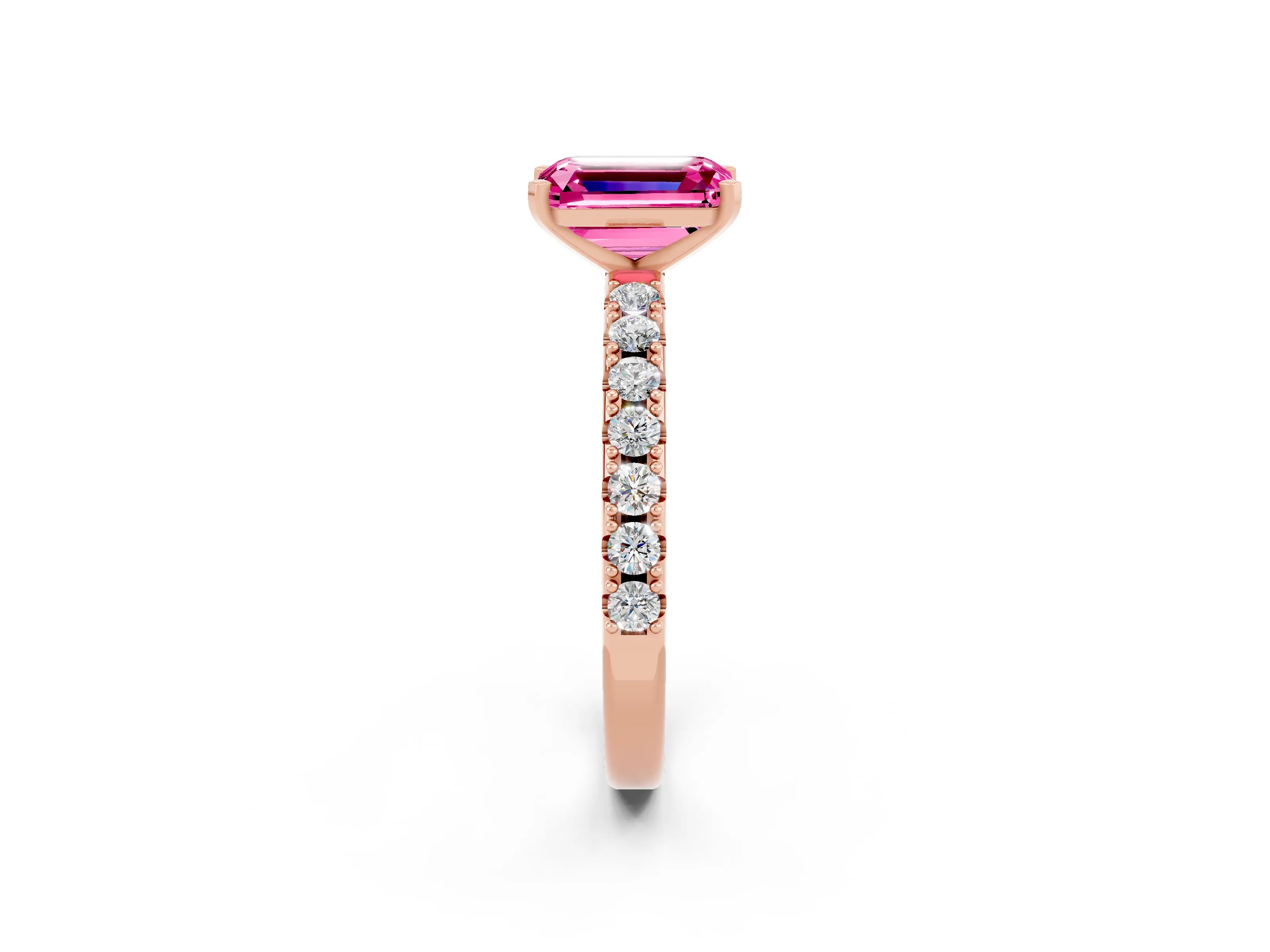 Rose gold Emerald Cut Pink Sapphire Solitaire Pavé Band with Four-Prong Setting_26