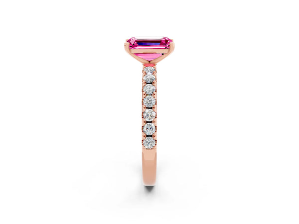 Rose gold Emerald Cut Pink Sapphire Solitaire Pavé Band with Four-Prong Setting