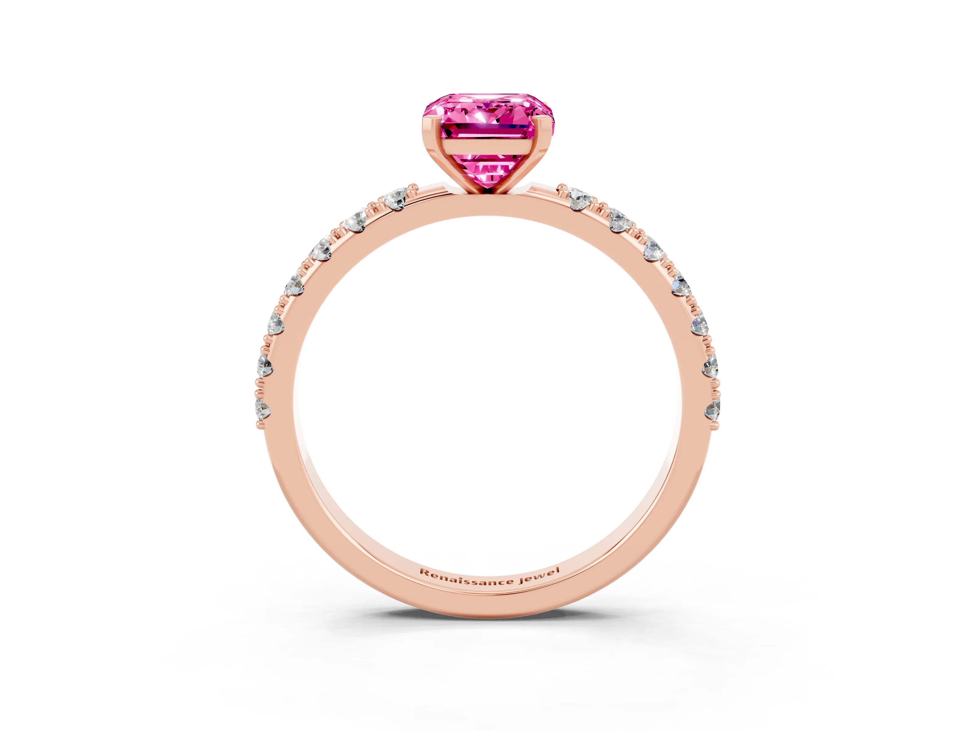 Rose gold Emerald Cut Pink Sapphire Solitaire Pavé Band with Four-Prong Setting_27