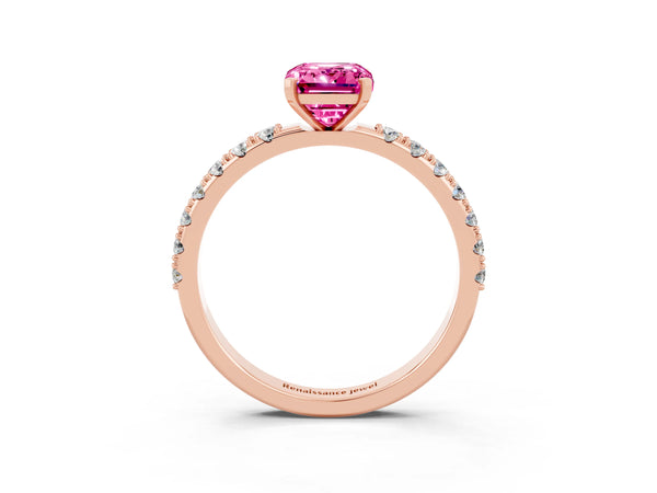 Rose gold Emerald Cut Pink Sapphire Solitaire Pavé Band with Four-Prong Setting