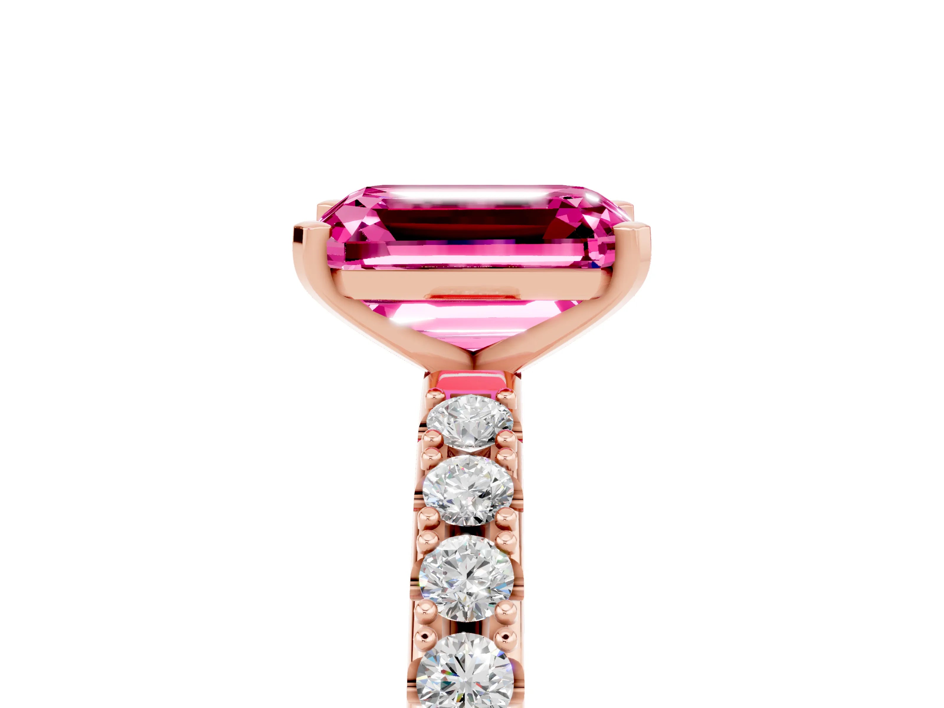 Rose gold Emerald Cut Pink Sapphire Solitaire Pavé Band with Four-Prong Setting_29