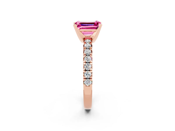 Rose gold Emerald Cut Pink Sapphire Solitaire Pavé Engagement Ring with Round Band and Prong Setting
