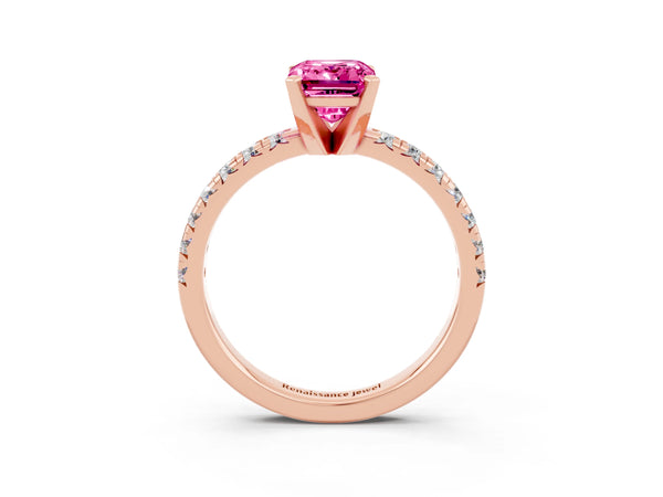 Rose gold Emerald Cut Pink Sapphire Solitaire Pavé Engagement Ring with Round Band and Prong Setting