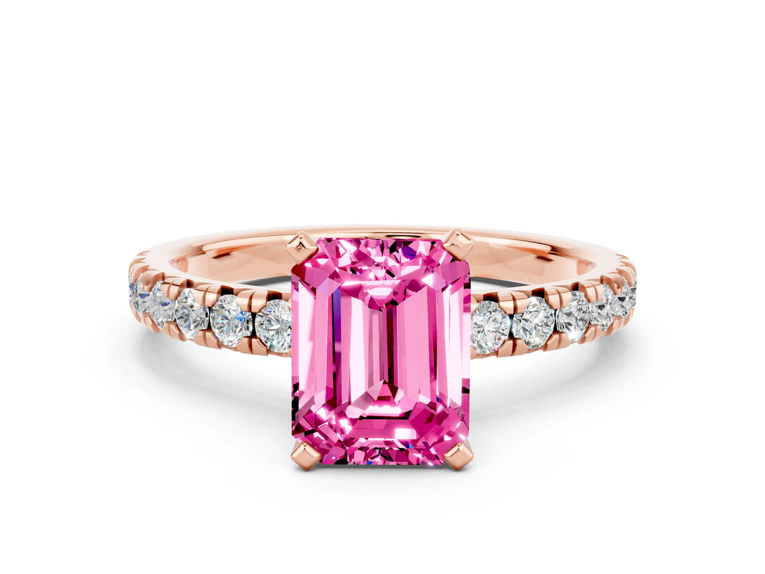 Rose gold Emerald Cut Pink Sapphire Solitaire Pavé Engagement Ring with Round Band and Prong Setting_60
