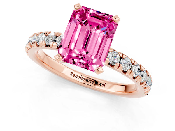 Rose gold Emerald Cut Pink Sapphire Solitaire Pavé Engagement Ring with Round Band and Prong Setting