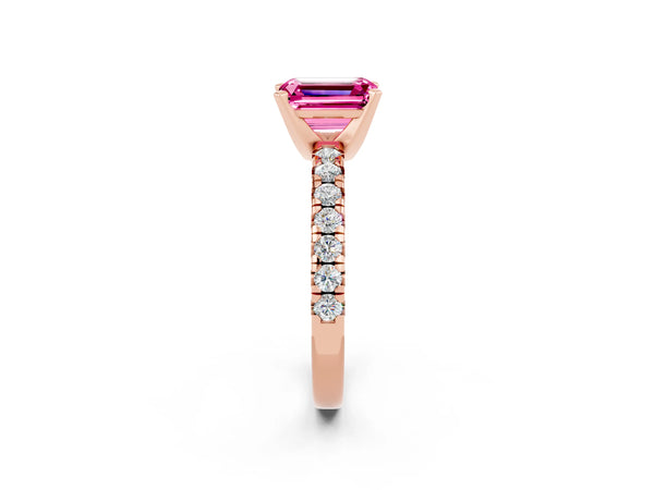 Rose gold Emerald Cut Pink Sapphire Solitaire Pavé Engagement Ring with Round Band and Prong Setting