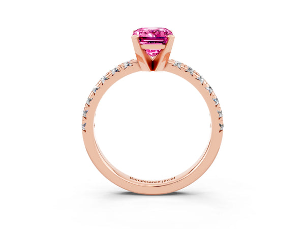 Rose gold Emerald Cut Pink Sapphire Solitaire Pavé Engagement Ring with Round Band and Prong Setting