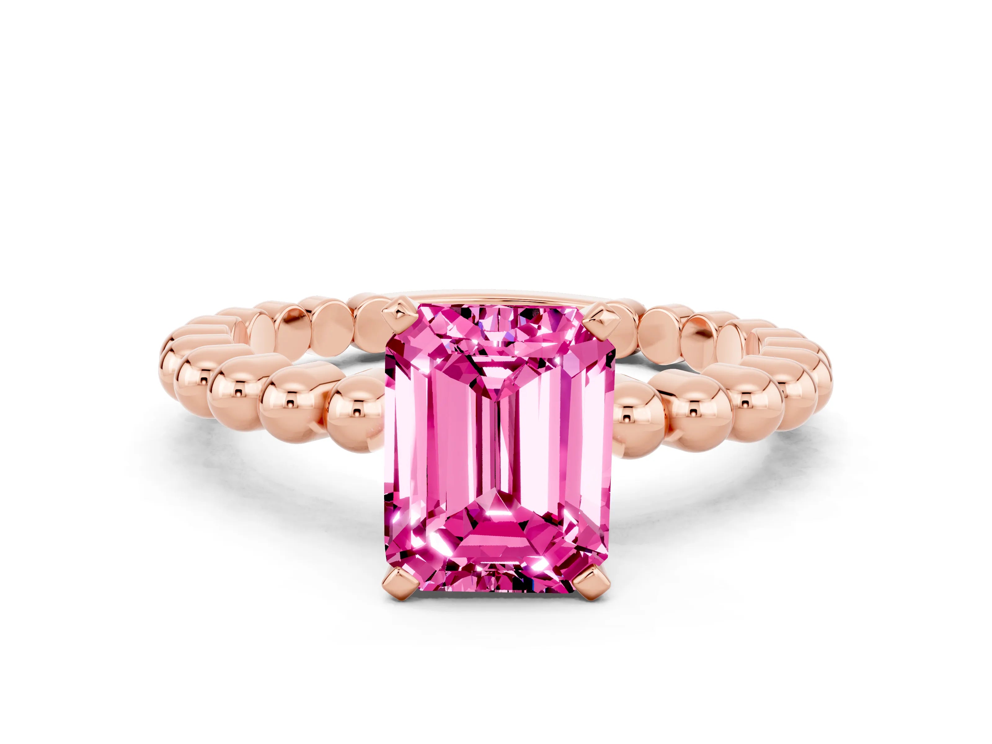 Rose gold Emerald Cut Pink Sapphire Solitaire Ring with Beaded Band and Prong Setting