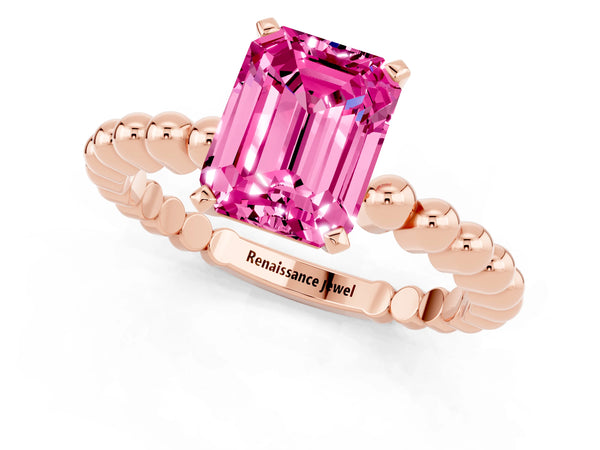 Rose gold Emerald Cut Pink Sapphire Solitaire Ring with Beaded Band and Prong Setting