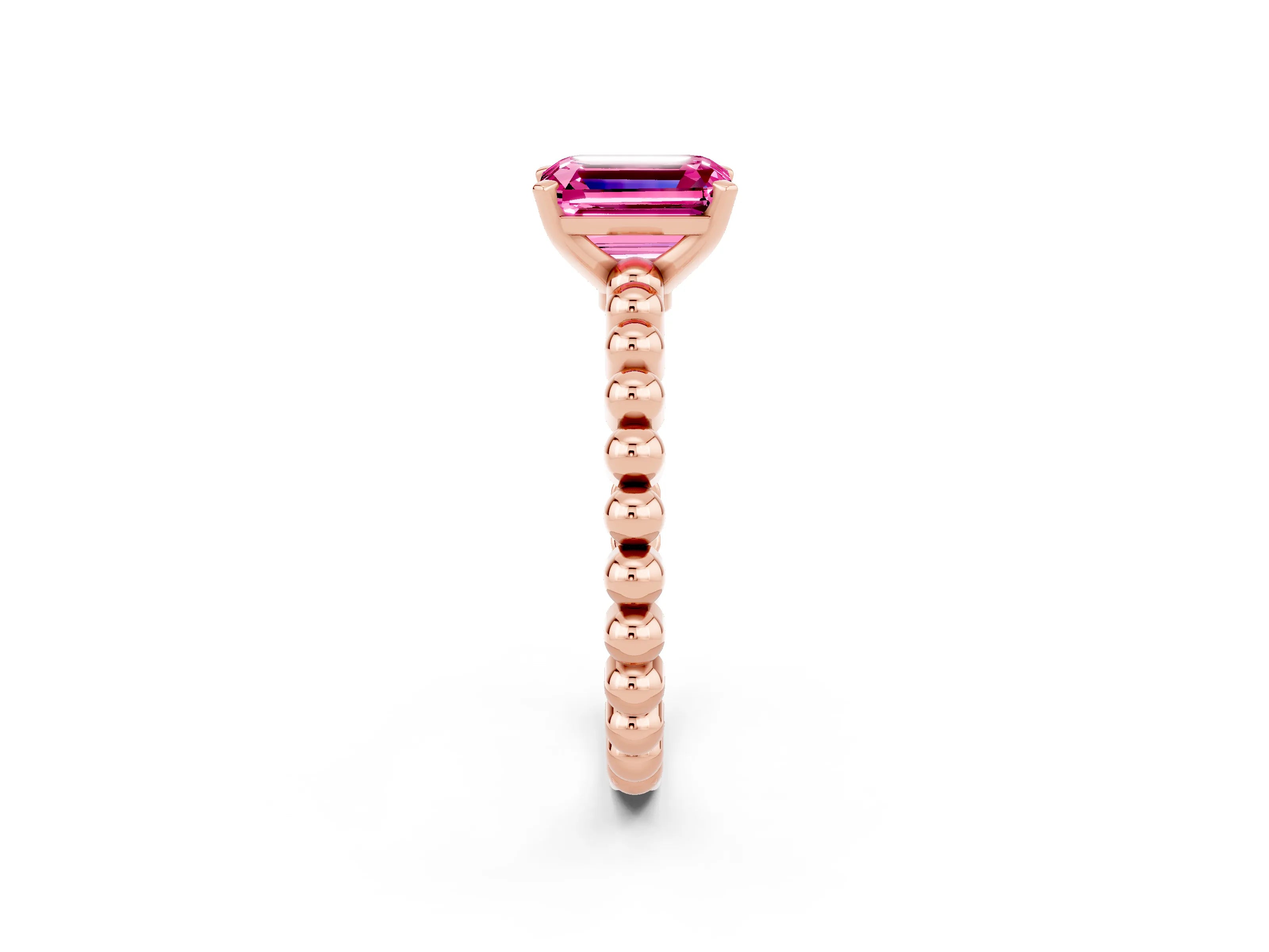 Rose gold Emerald Cut Pink Sapphire Solitaire Ring with Beaded Band and Prong Setting_2