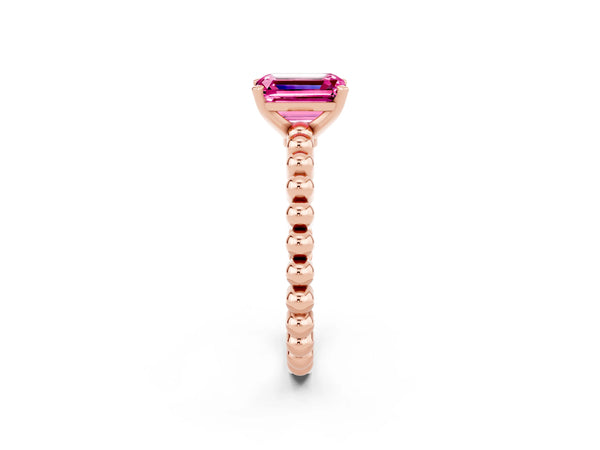 Rose gold Emerald Cut Pink Sapphire Solitaire Ring with Beaded Band and Prong Setting