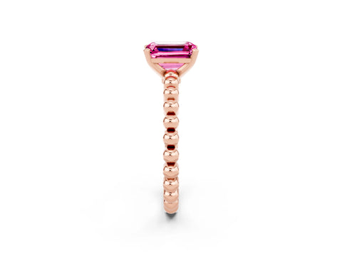 Rose gold Emerald Cut Pink Sapphire Solitaire Ring with Beaded Band and Prong Setting_2