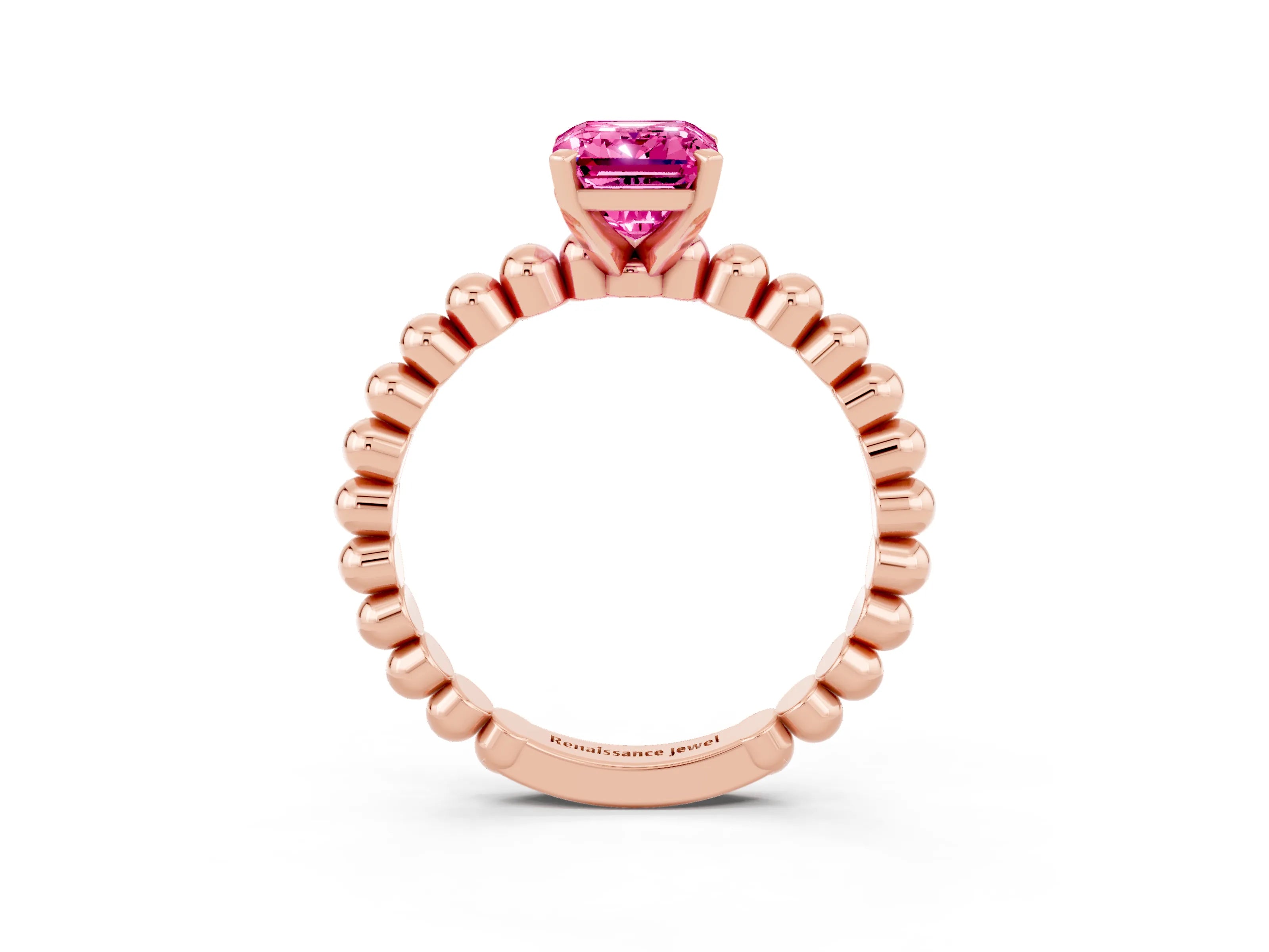 Rose gold Emerald Cut Pink Sapphire Solitaire Ring with Beaded Band and Prong Setting_3