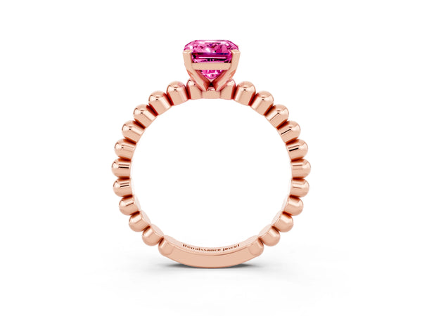 Rose gold Emerald Cut Pink Sapphire Solitaire Ring with Beaded Band and Prong Setting