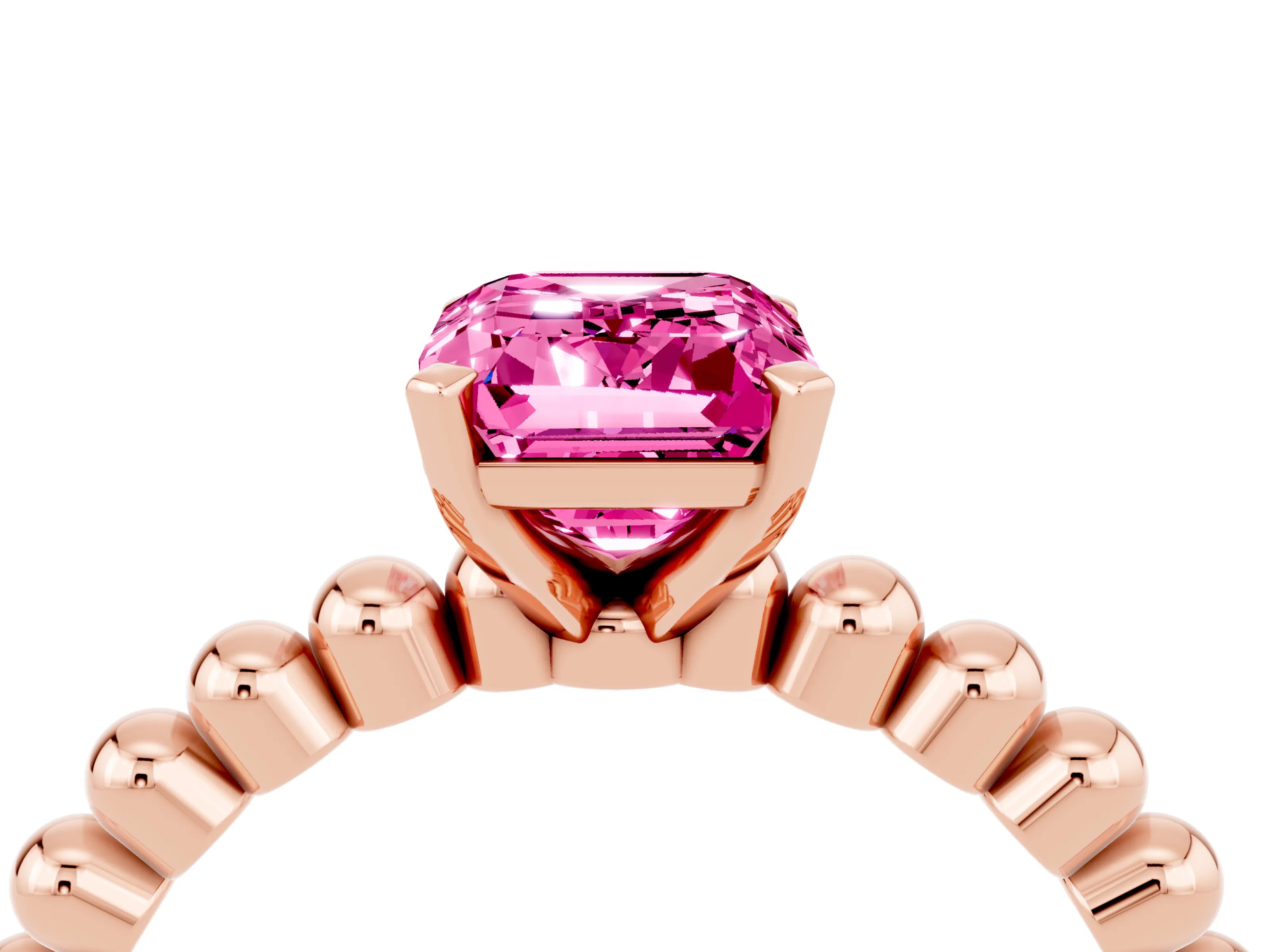 Rose gold Emerald Cut Pink Sapphire Solitaire Ring with Beaded Band and Prong Setting_4