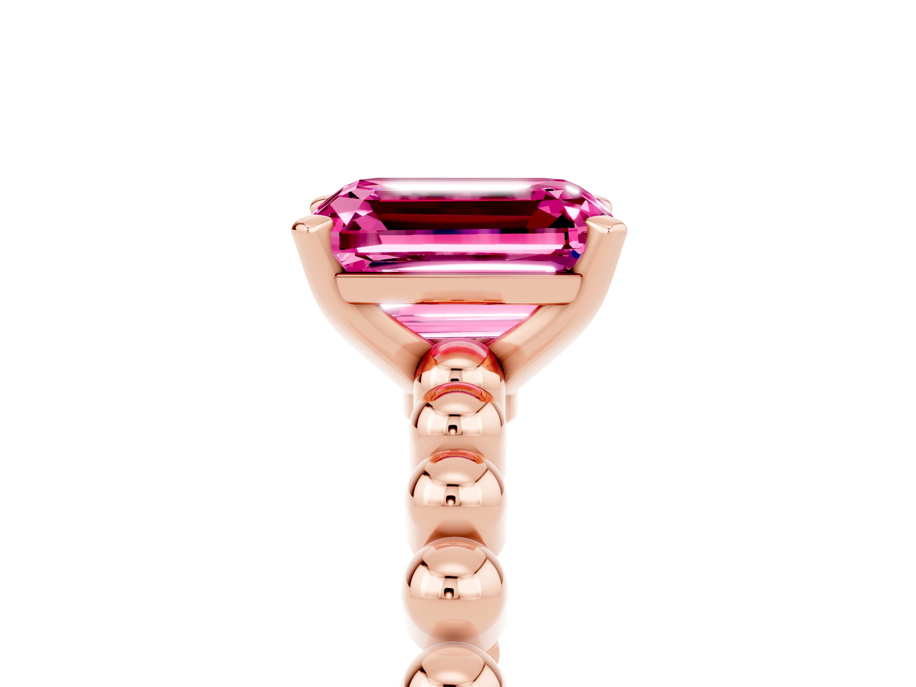 Rose gold Emerald Cut Pink Sapphire Solitaire Ring with Beaded Band and Prong Setting_5