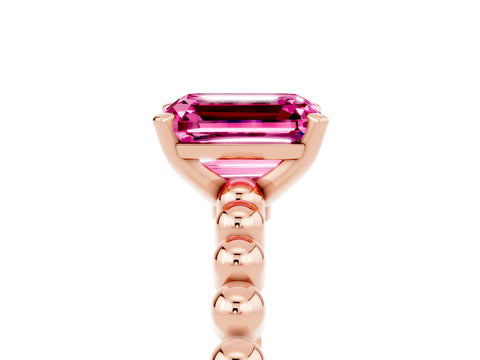 Rose gold Emerald Cut Pink Sapphire Solitaire Ring with Beaded Band and Prong Setting_5