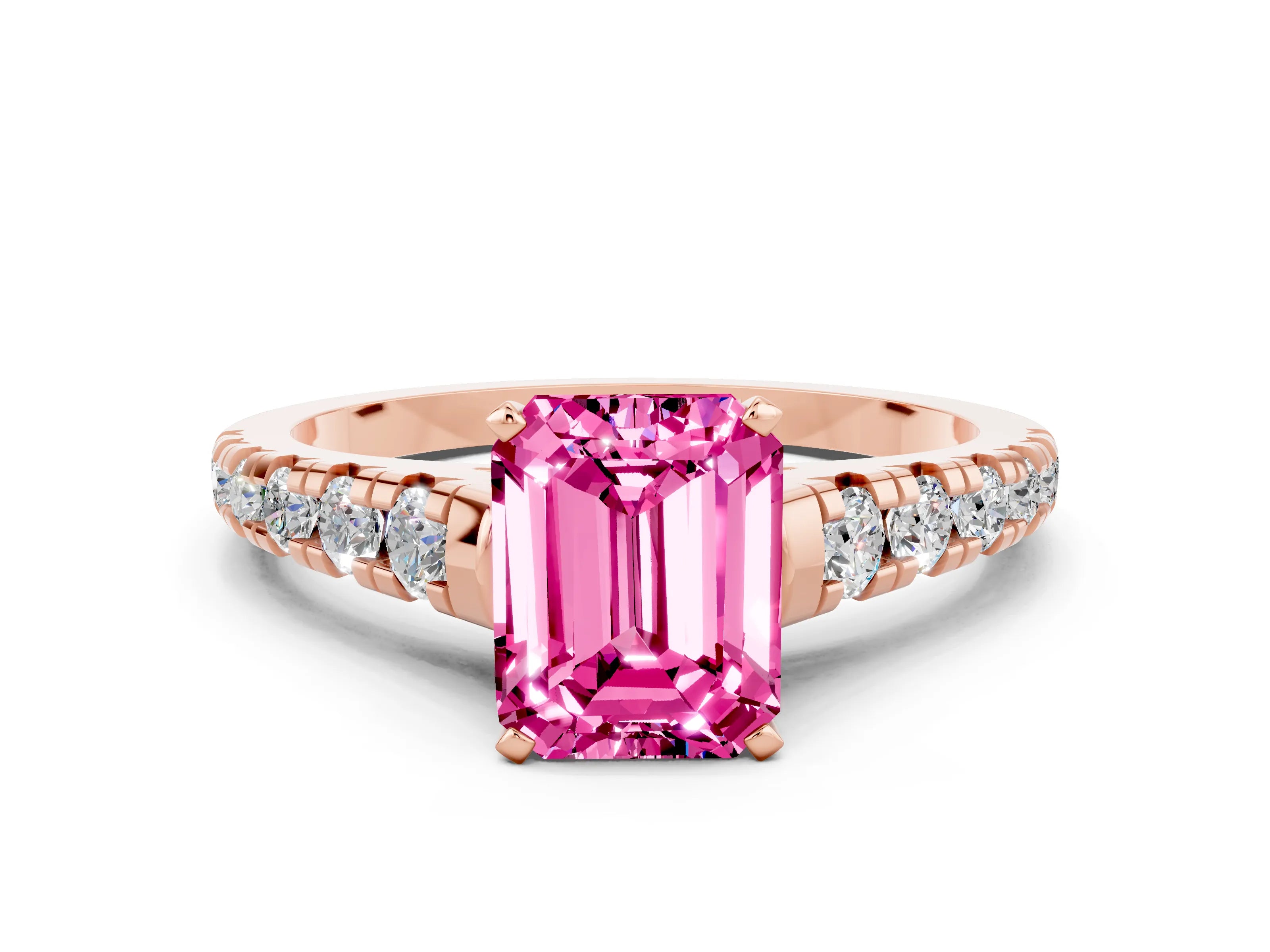 Rose gold Emerald Cut Pink Sapphire Solitaire Ring with Cathedral Setting and Pavé Band_24
