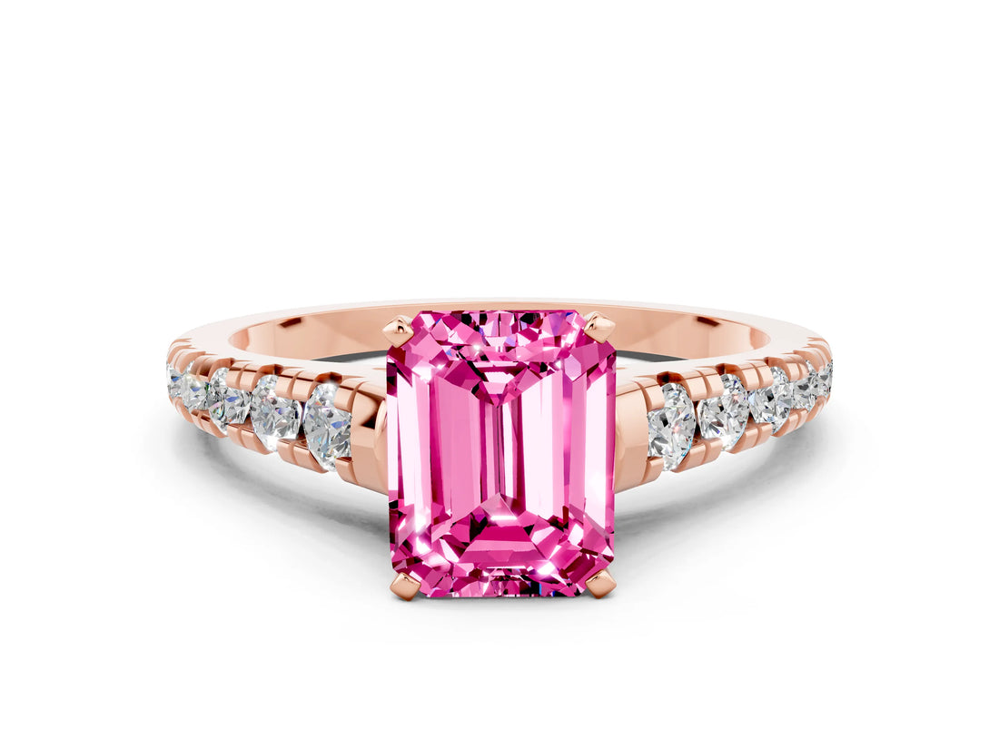 Rose gold Emerald Cut Pink Sapphire Solitaire Ring with Cathedral Setting and Pavé Band_24