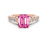 Rose gold Emerald Cut Pink Sapphire Solitaire Ring with Cathedral Setting and Pavé Band_24