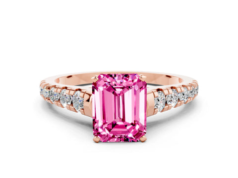 Rose gold Emerald Cut Pink Sapphire Solitaire Ring with Cathedral Setting and Pavé Band_24