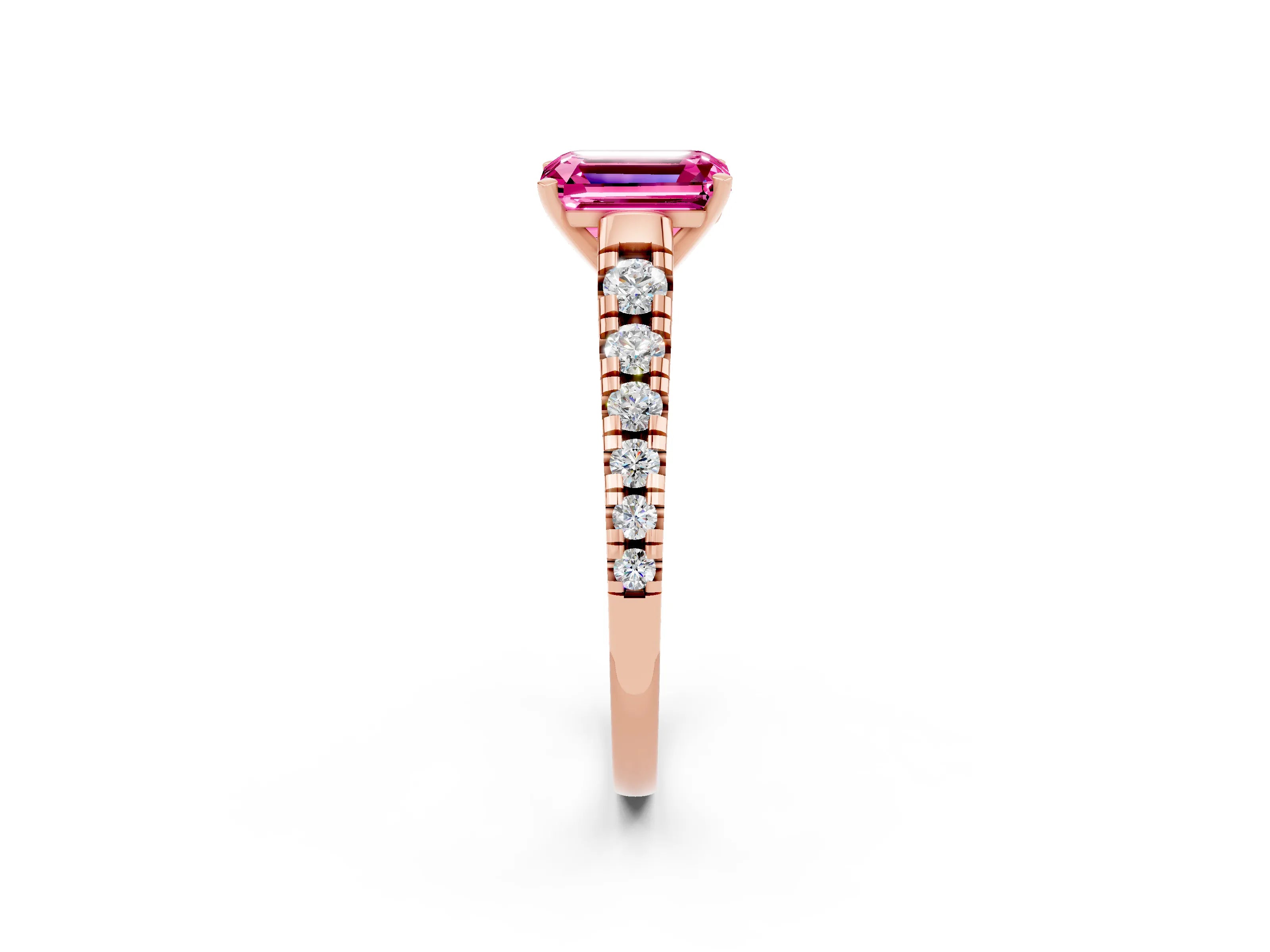 Rose gold Emerald Cut Pink Sapphire Solitaire Ring with Cathedral Setting and Pavé Band_26
