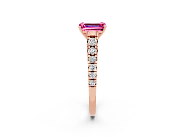 Rose gold Emerald Cut Pink Sapphire Cathedral Solitaire Ring with Round  Pavé Band