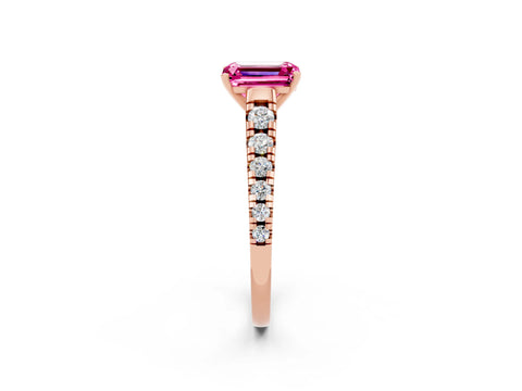 Rose gold Emerald Cut Pink Sapphire Solitaire Ring with Cathedral Setting and Pavé Band_26