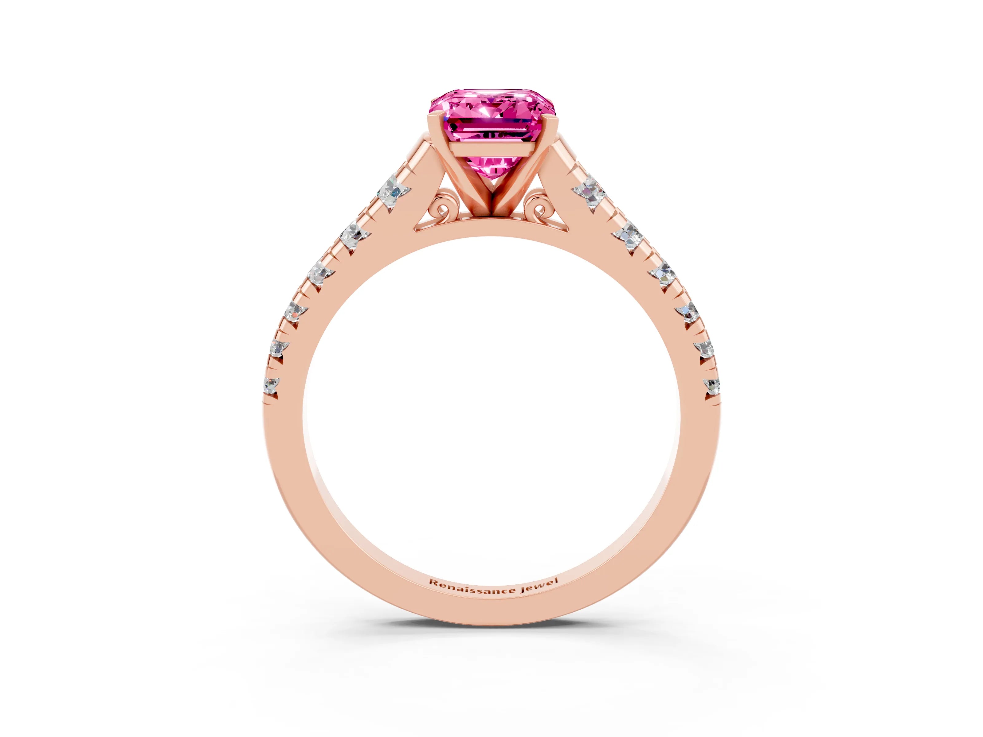 Rose gold Emerald Cut Pink Sapphire Solitaire Ring with Cathedral Setting and Pavé Band_27