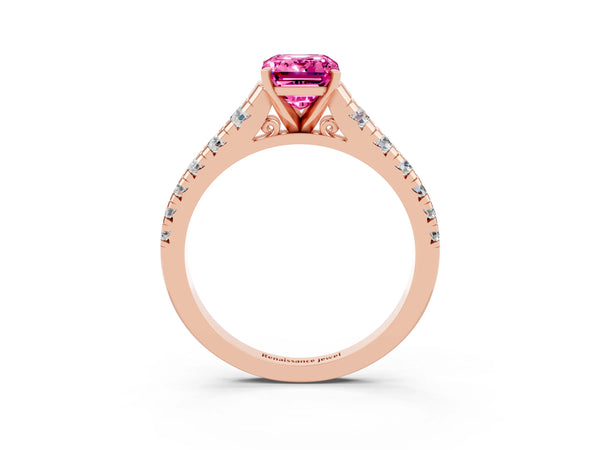 Rose gold Emerald Cut Pink Sapphire Cathedral Solitaire Ring with Round  Pavé Band
