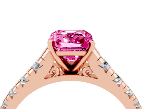 Rose gold Emerald Cut Pink Sapphire Solitaire Ring with Cathedral Setting and Pavé Band_28