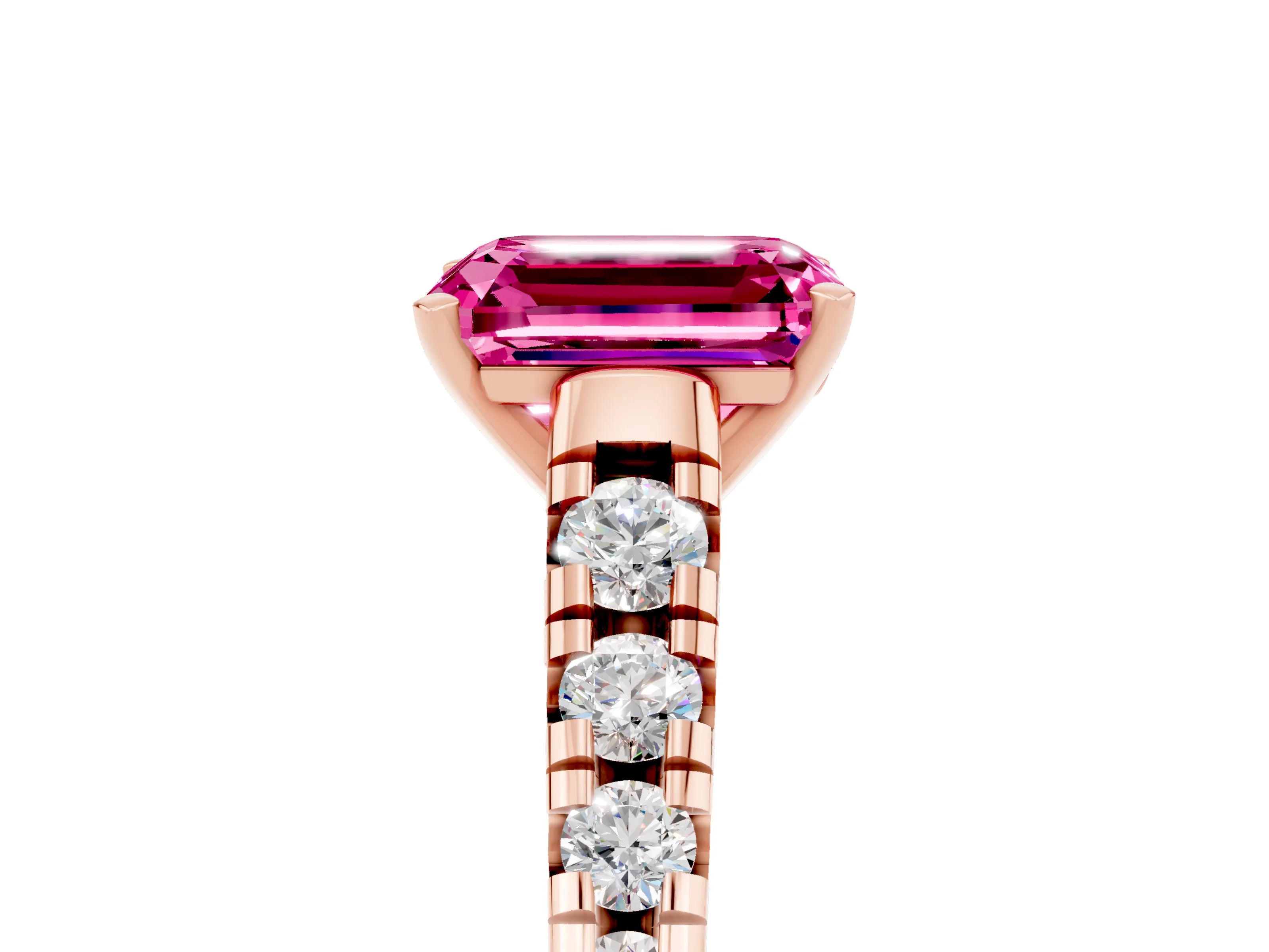 Rose gold Emerald Cut Pink Sapphire Solitaire Ring with Cathedral Setting and Pavé Band_29