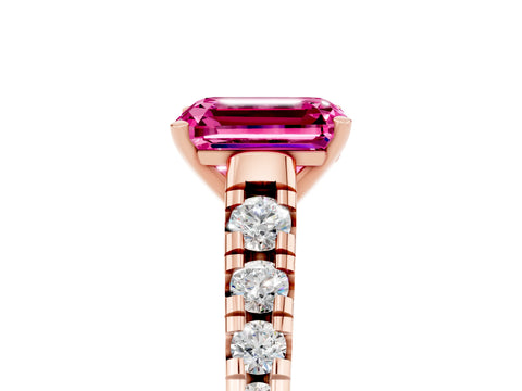 Rose gold Emerald Cut Pink Sapphire Solitaire Ring with Cathedral Setting and Pavé Band_29