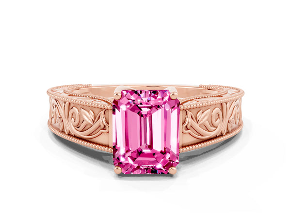 Rose gold Emerald Cut Pink Sapphire Solitaire Ring with Engraved Band and Four-Prong Setting