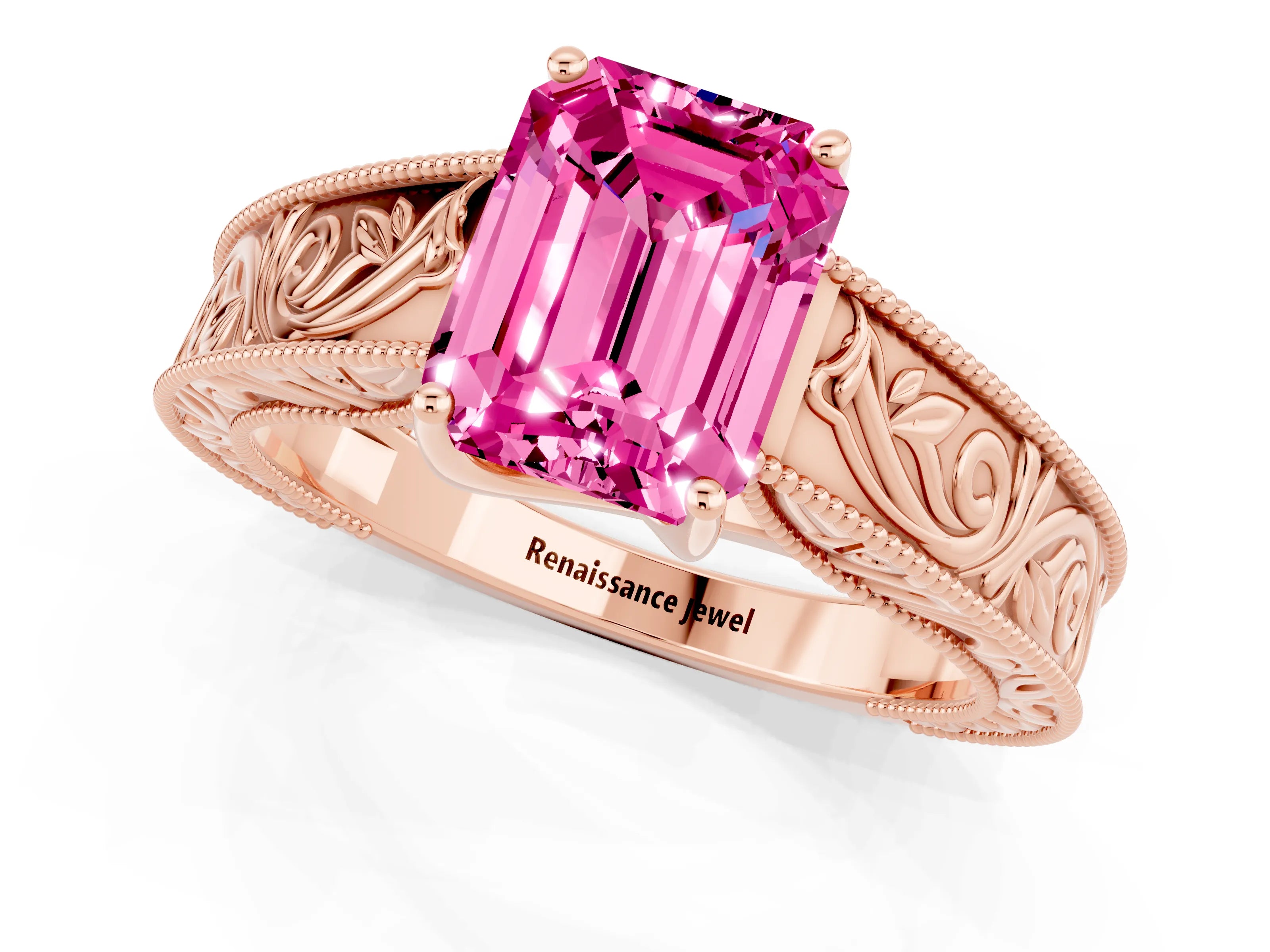 Rose gold Emerald Cut Pink Sapphire Solitaire Ring with Engraved Band and Four-Prong Setting_1