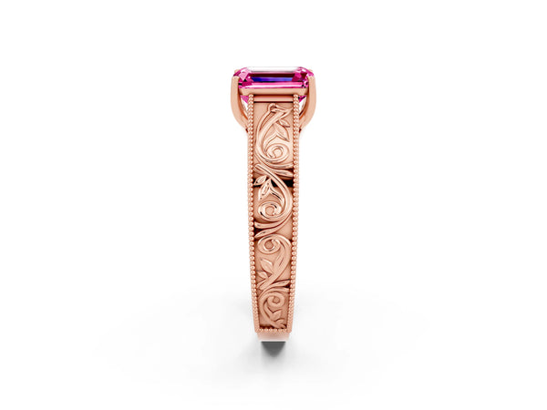 Rose gold Emerald Cut Pink Sapphire Solitaire Ring with Engraved Band and Four-Prong Setting