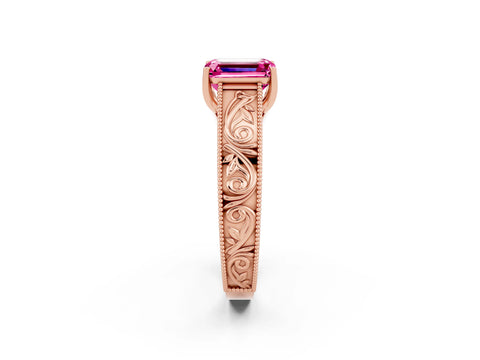 Rose gold Emerald Cut Pink Sapphire Solitaire Ring with Engraved Band and Four-Prong Setting_2