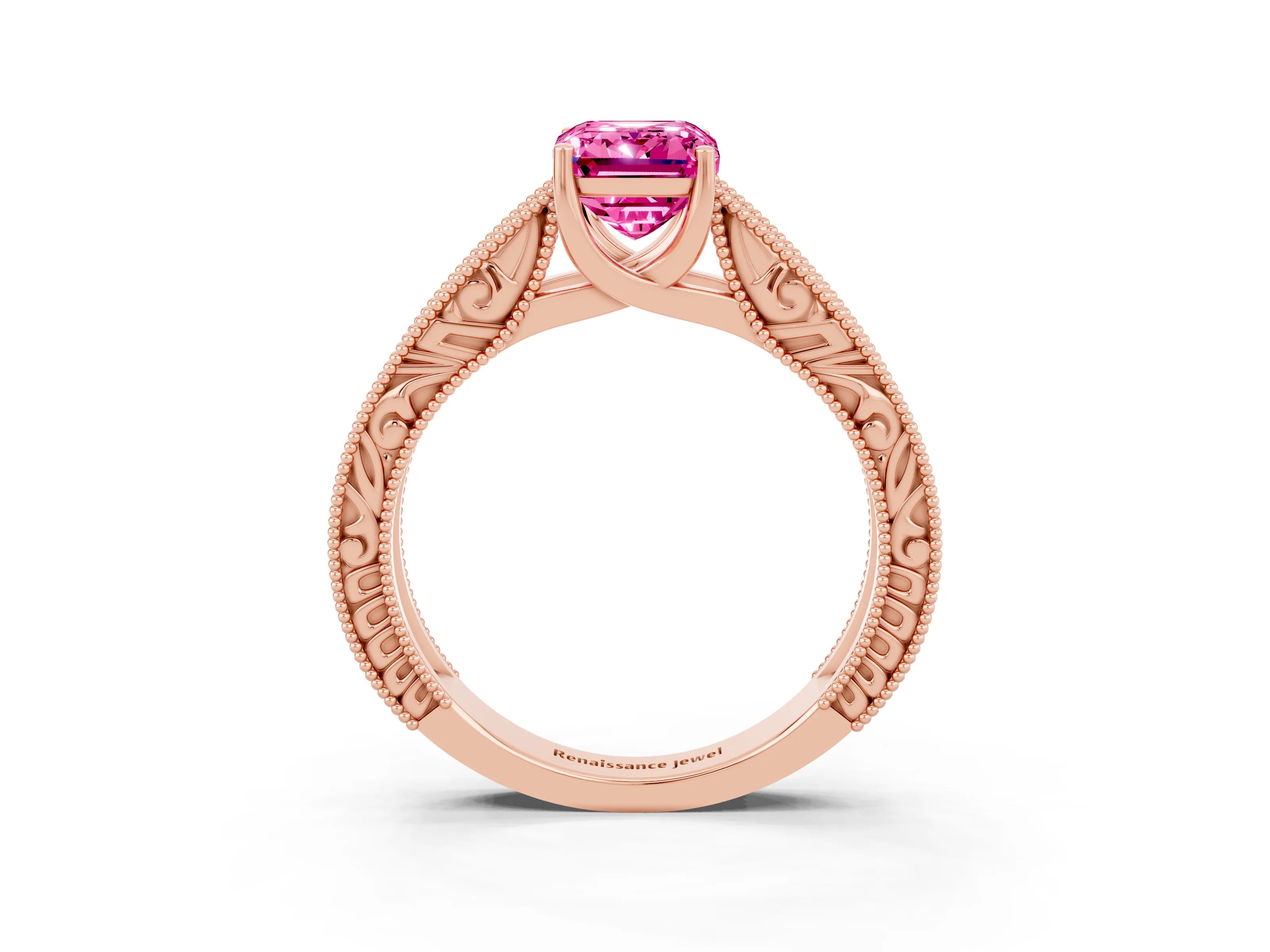 Rose gold Emerald Cut Pink Sapphire Solitaire Ring with Engraved Band and Four-Prong Setting_3