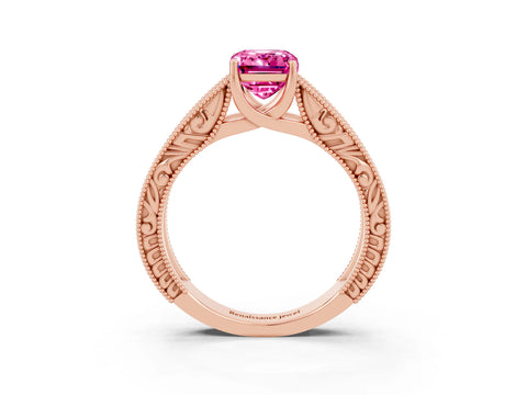 Rose gold Emerald Cut Pink Sapphire Solitaire Ring with Engraved Band and Four-Prong Setting_3