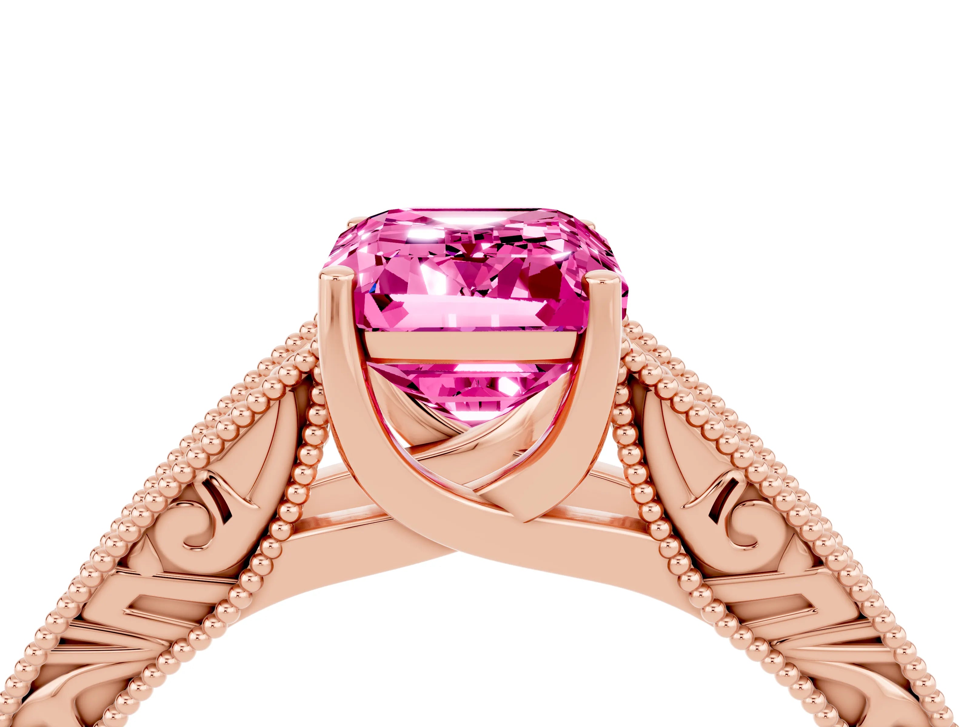 Rose gold Emerald Cut Pink Sapphire Solitaire Ring with Engraved Band and Four-Prong Setting_4